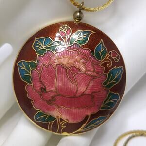 Cloisonne Rose Flower Double Sided Pendant, Gold Tone Long Chain, 1960s, 30 Inch